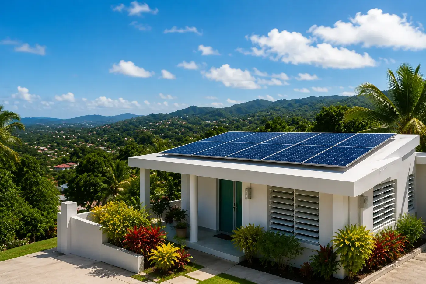 Casa residencial en Puerto Rico con panales solares instalados en el techo